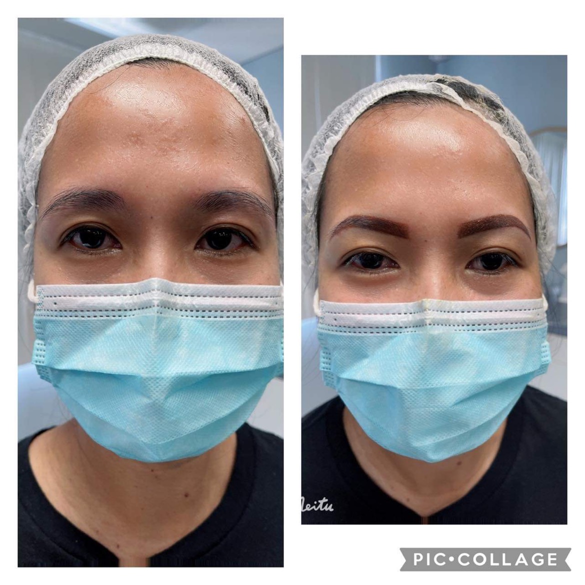 A woman with surgical mask on and surgery cap.