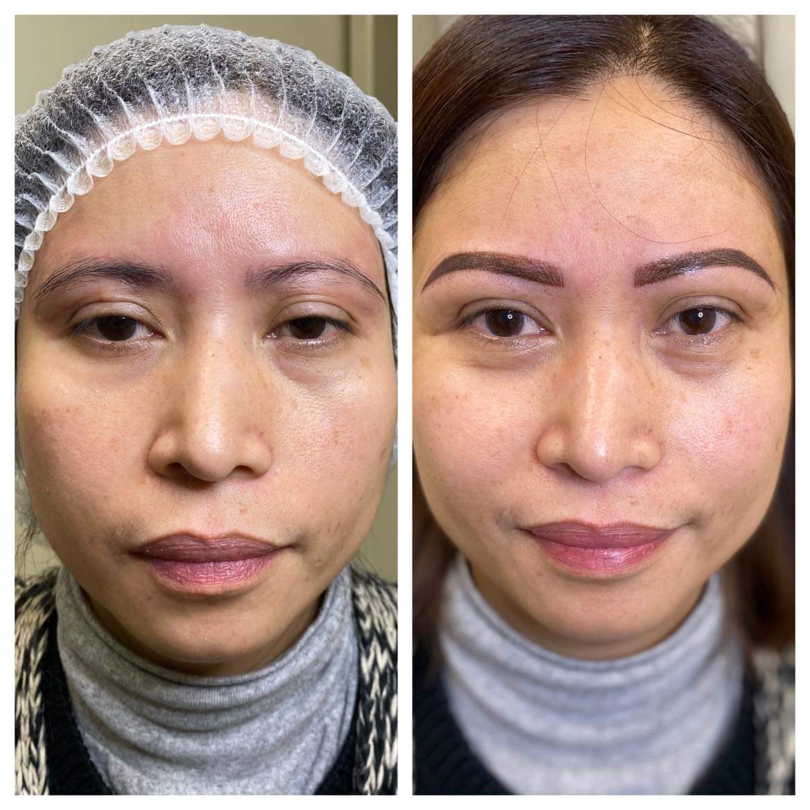 A before and after picture of a woman 's eyebrows.