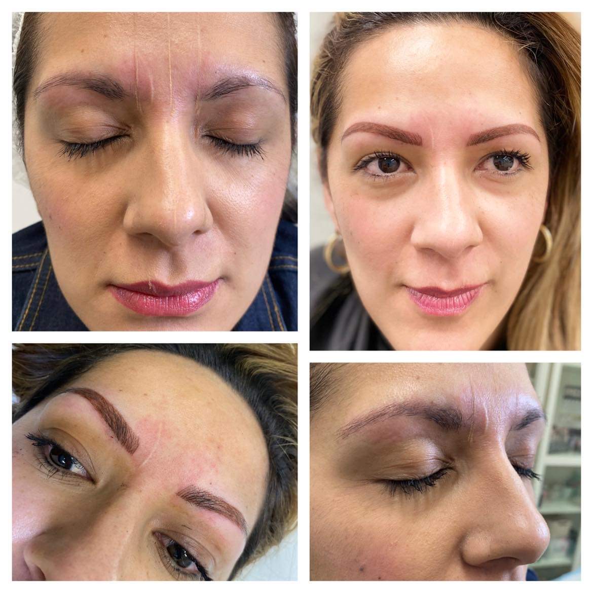 A woman with different eye brows and various stages of brow waxing.