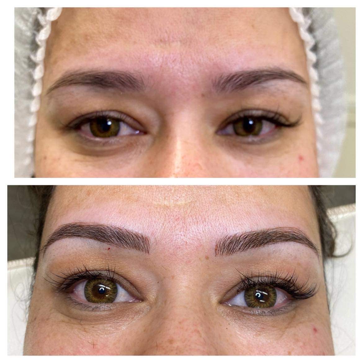 A before and after picture of the brows of a woman.