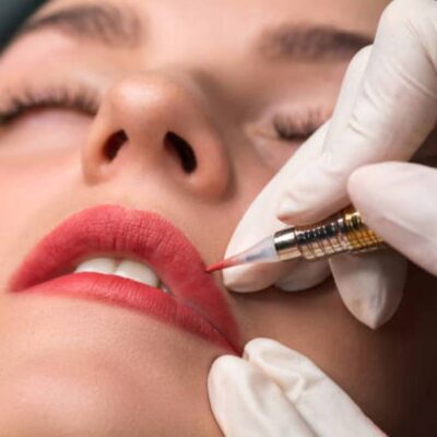 A woman getting an injected into her lips.